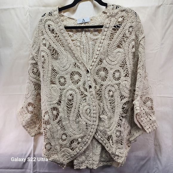 Boho Crochet Open Knit Cardigan Sweater 100% Cotton Cream Ivory Festival Cottage - Picture 12 of 13